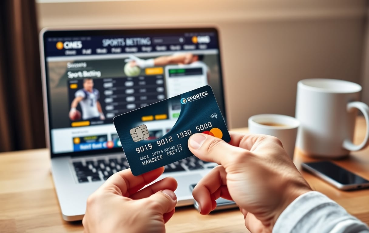 Hånd som holder et Mastercard debetkort foran en bærbar PC med en bookmakerside på skjermen