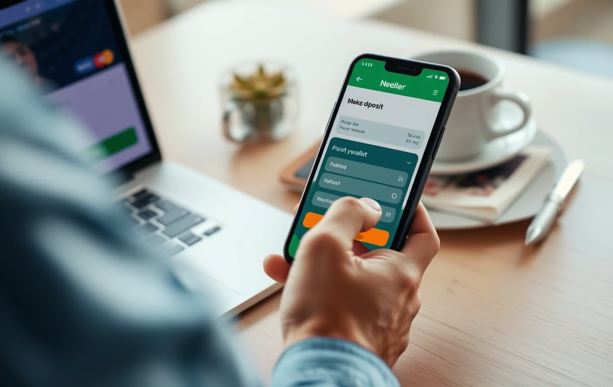 Nærbildet av en person som bruker mobilen til å sette inn penger på en betting-side med Neteller, med kaffe og laptop på bordet.