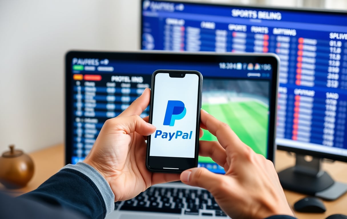 Person med mobiltelefon som viser PayPal-logo, foran en laptop med sportsodds