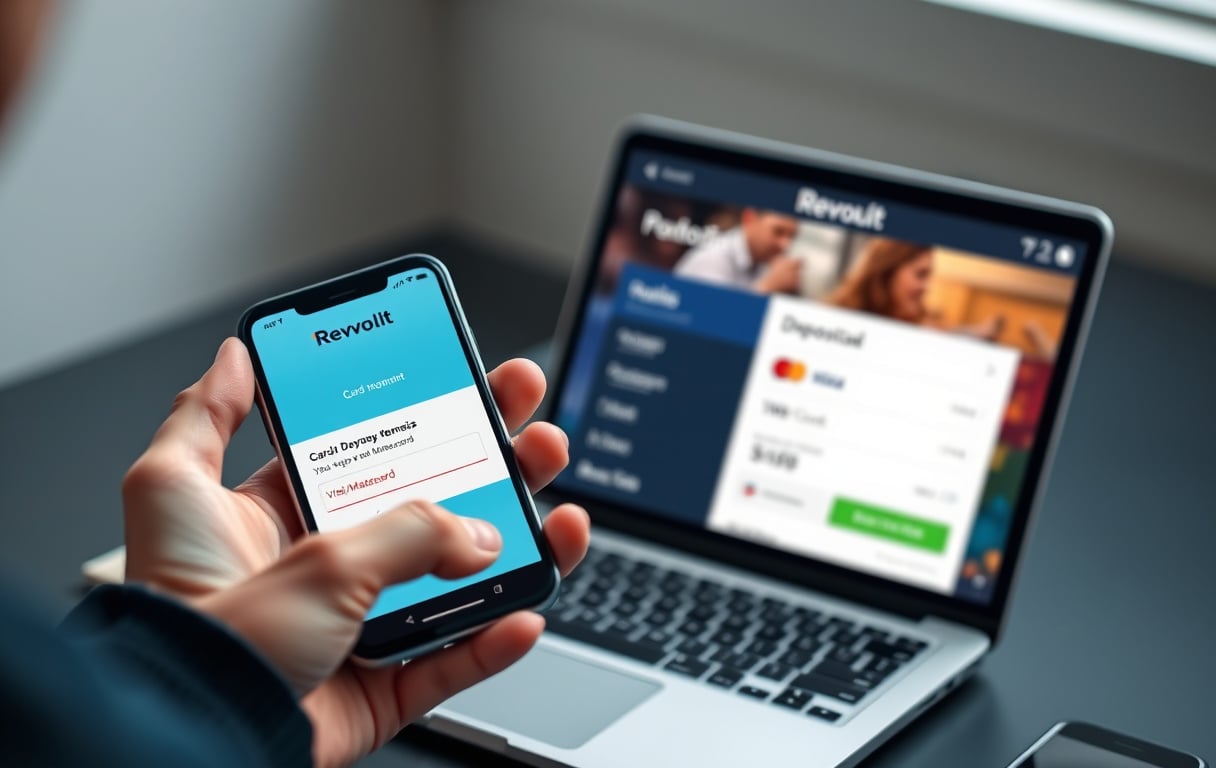 Person som betaler med Revolut på en bookmaker – mobilen viser 3D Secure-bekreftelse, laptop med innskuddsside.