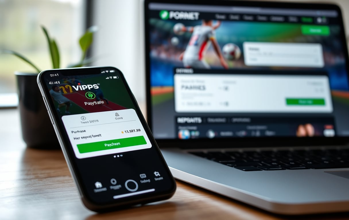 Smarttelefon med Vipps-app og Paysafe-kjøp, ved siden av en bærbar PC med en bettingside for innskudd.