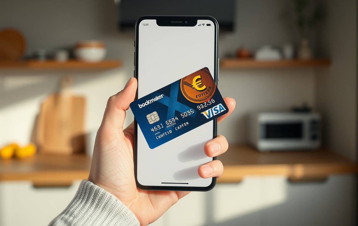 Person som holder Visa-kort foran mobil med bookmaker-app