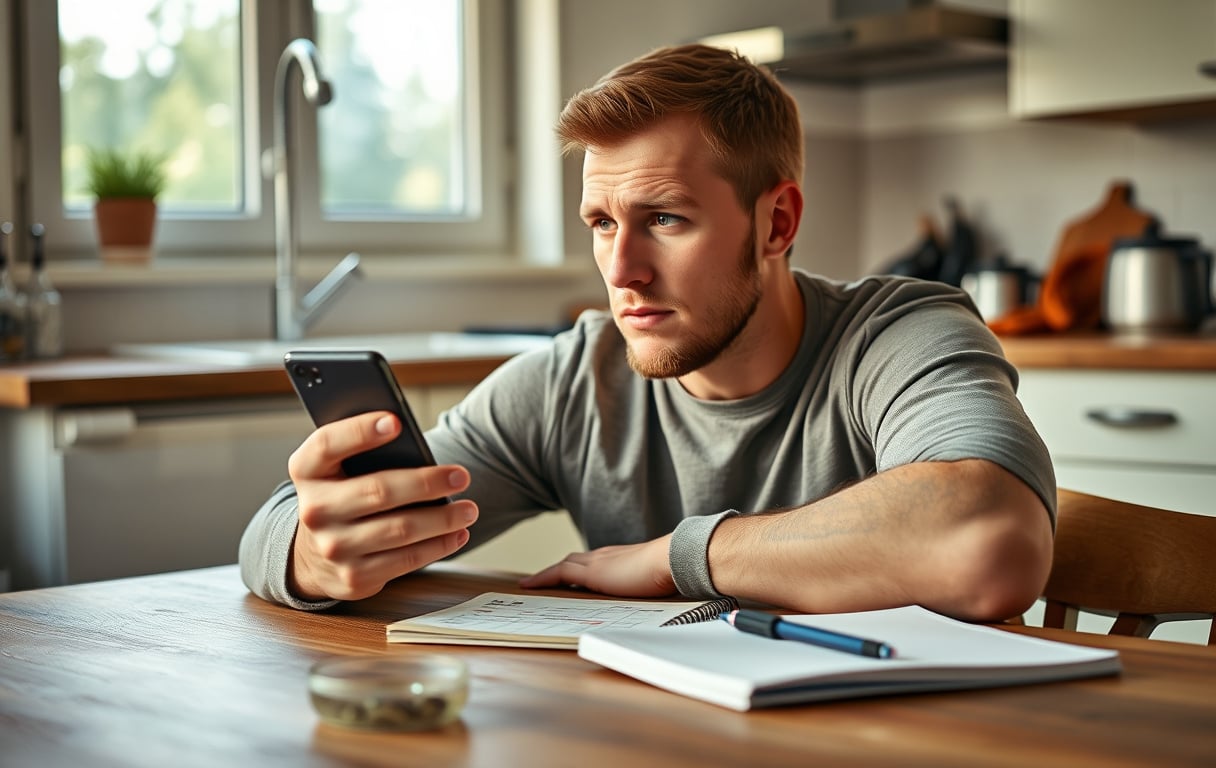 Mann som vurderer odds på mobilen med notatbok og penn – ansvarlig spilling