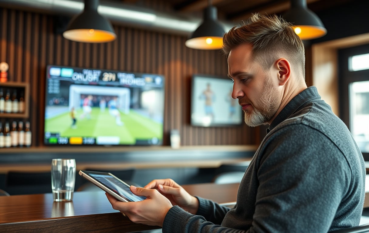 Mann analyserer odds på nettbrett i sportsbar med fotballkamp på TV
