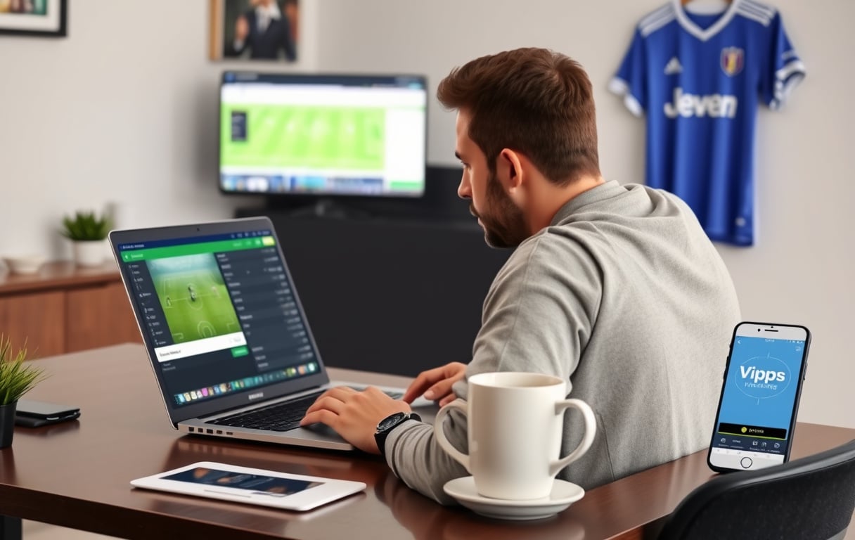 Person som sammenligner fotballodds på laptop med kaffe og mobiltelefon, ansvarlig spillestemning.