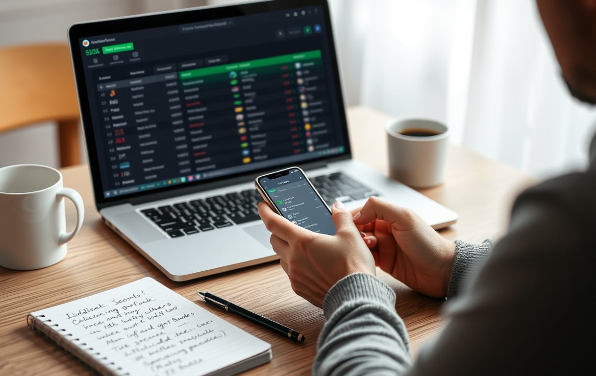 En person sammenligner odds på mobil og laptop med notatblokk på skrivebordet.
