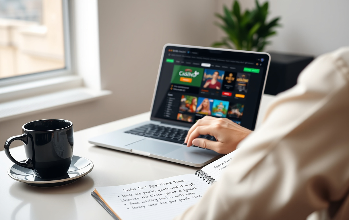 En person som sammenligner casinoer på en bærbar PC med notater om lisens og uttakstider.