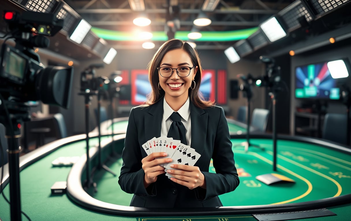 Live casino-studio med kvinnelig dealer som holder spillkort, med kameraer og rulettbord i bakgrunnen