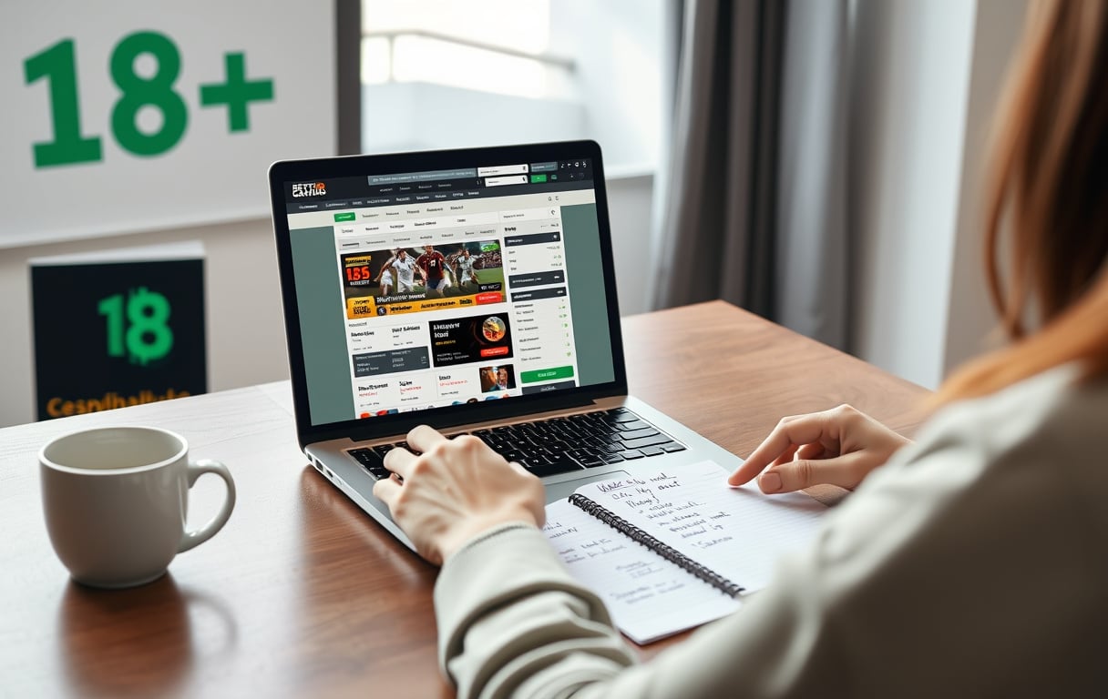 Person som sammenligner bettingsider på laptop med notater om odds og bonuser