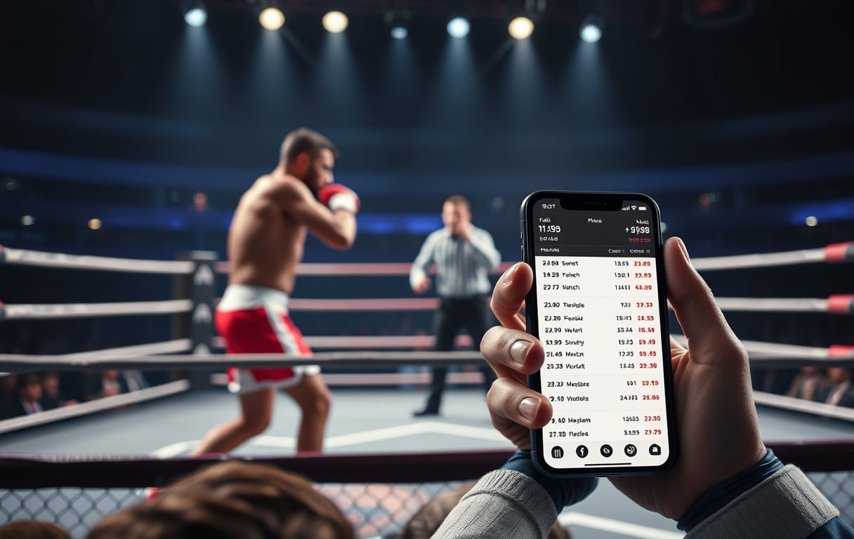 MMA-fightere i bur med smarttelefon som viser bettingodds i forgrunnen